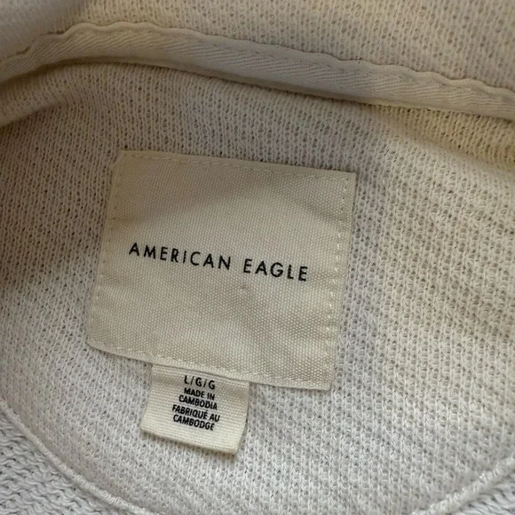 American Eagle Oatmeal Beige Long Sleeve 1/4 Button Front Cropped Sweater Large - Picture 6 of 7